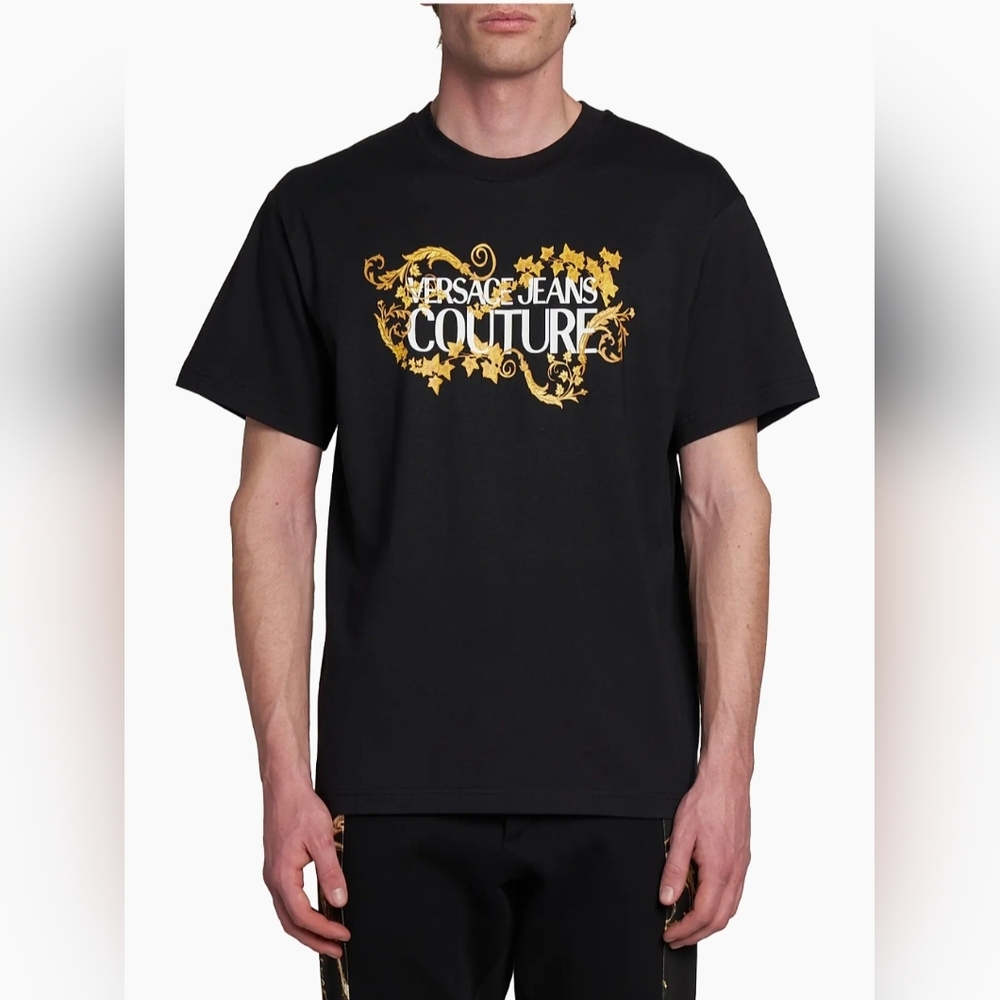 Versace Jeans Collection Black T-Shirt with Gold Floral Logo